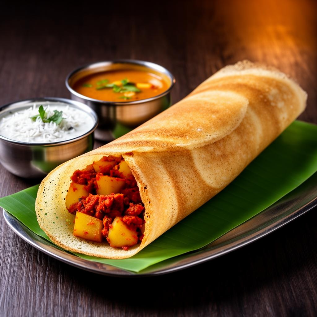 Golden butter masala dosa with chutneys and sambar