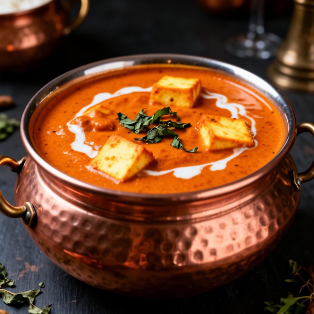 Rich paneer butter masala in a copper kadai