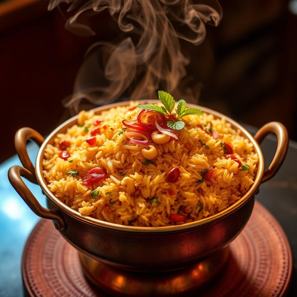 Steaming vegetable pulao in a brass handi with mint and cashews