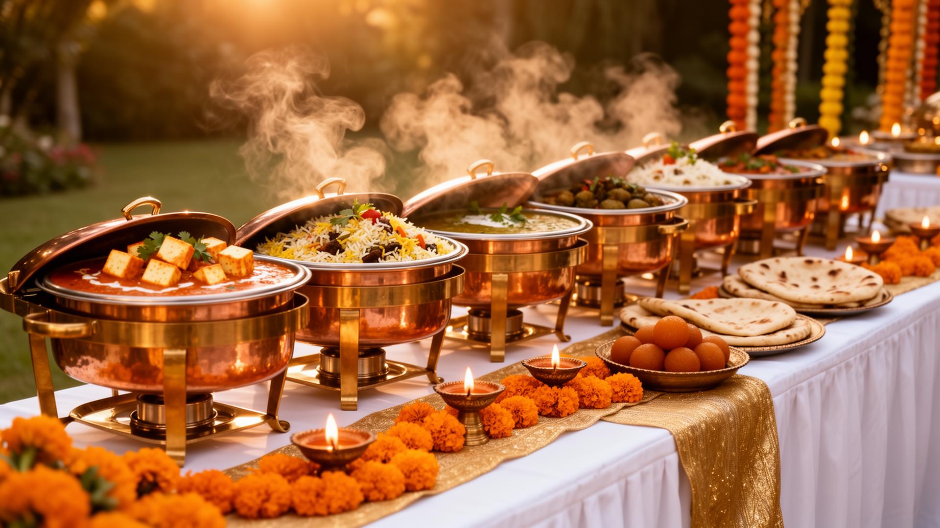 Premium outdoor Indian vegetarian catering buffet with copper chafing dishes, marigold flowers and brass diyas