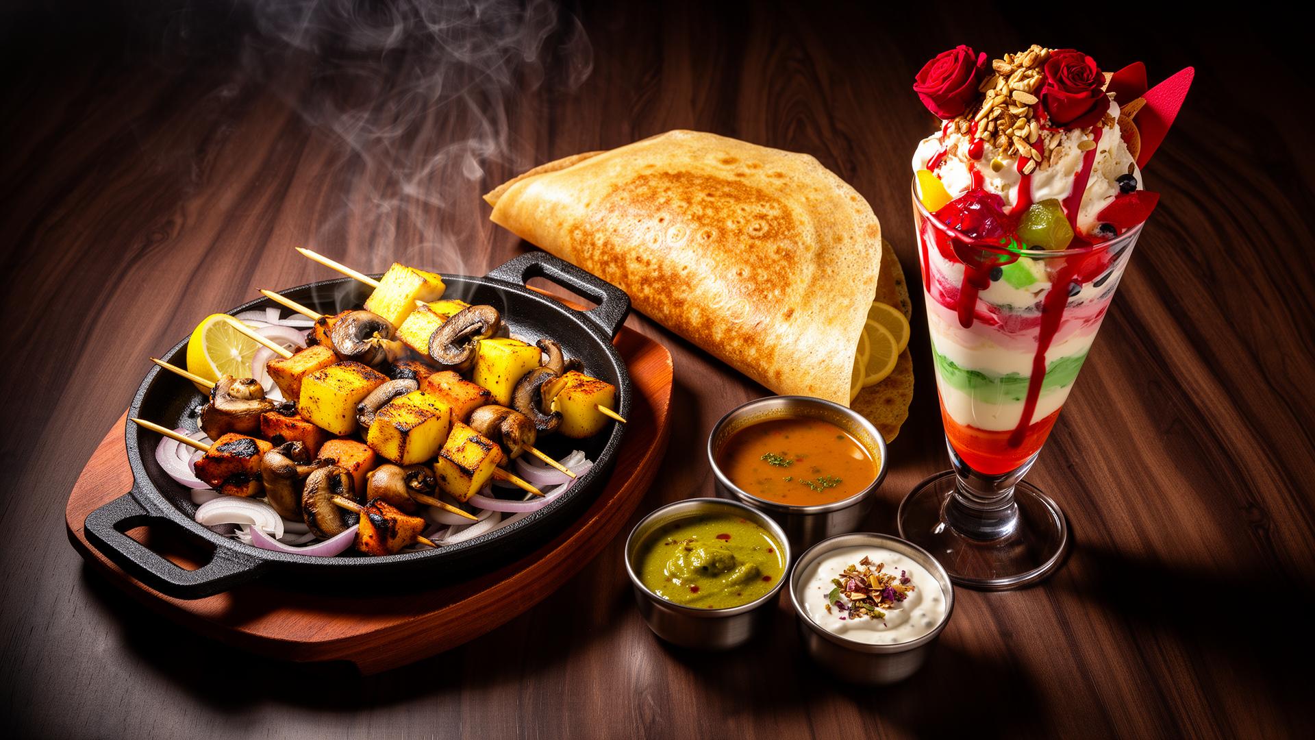 Sizzling tandoori paneer platter, golden masala dosa and a Gadbad ice cream on a dark wood table